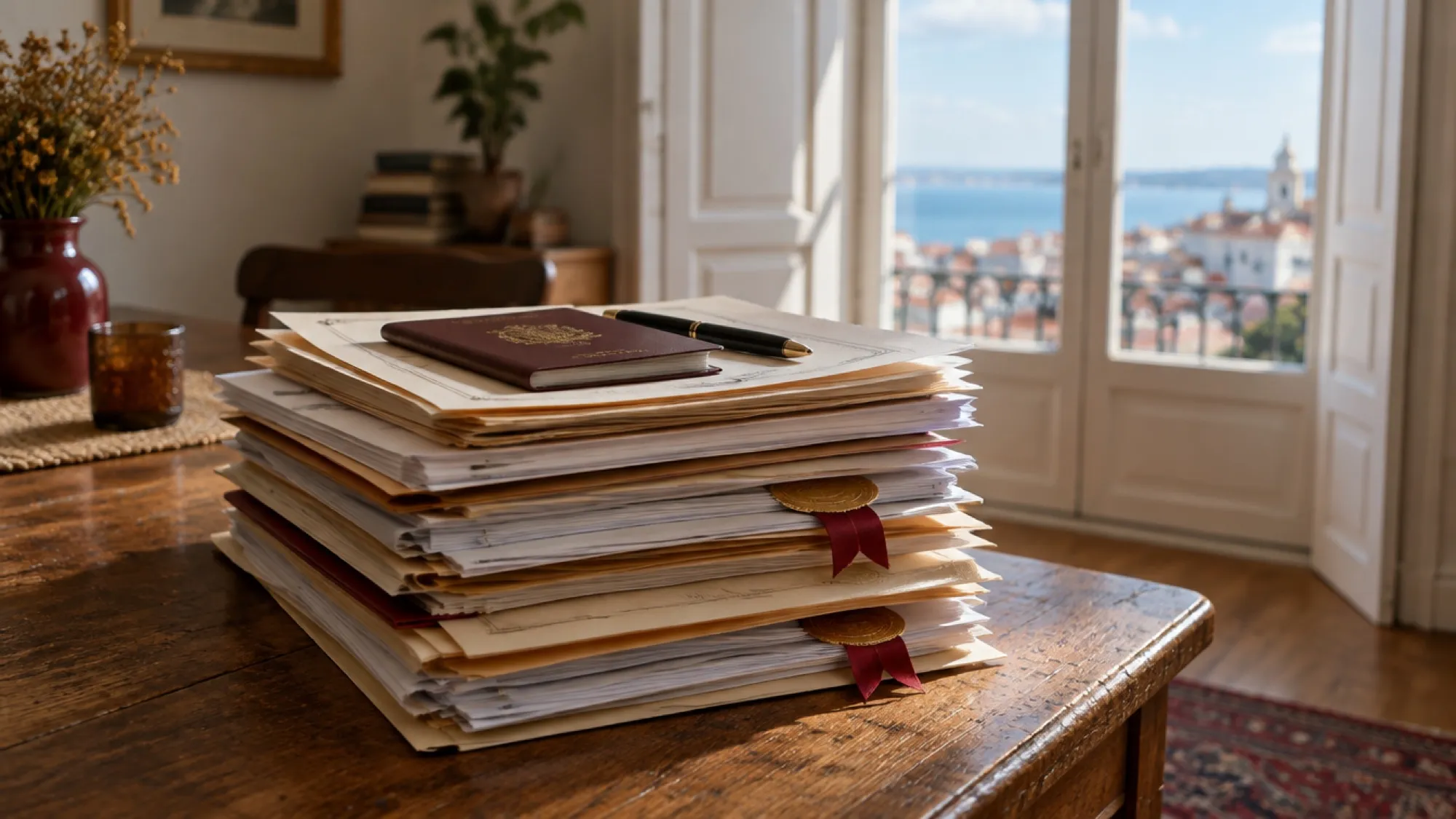 A stack of immigration paperwork, folders and apostilled documents with a passport on top, on a wooden table by a sunlit window