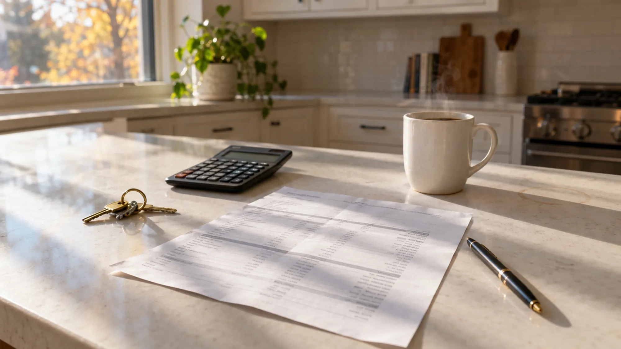A kitchen island in a Denver home with a closing statement, a calculator, a set of house keys, and a cup of coffee laid out in morning light